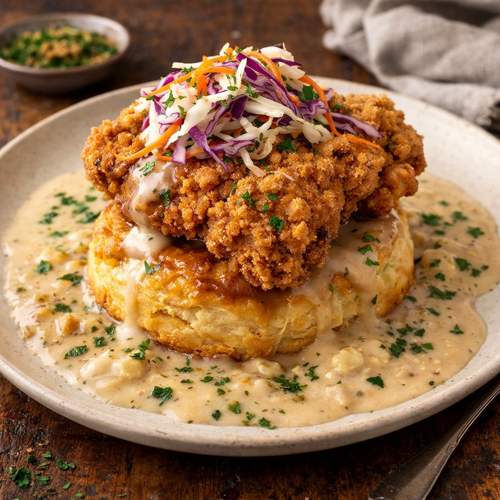 Southern fried chicken with biscuits